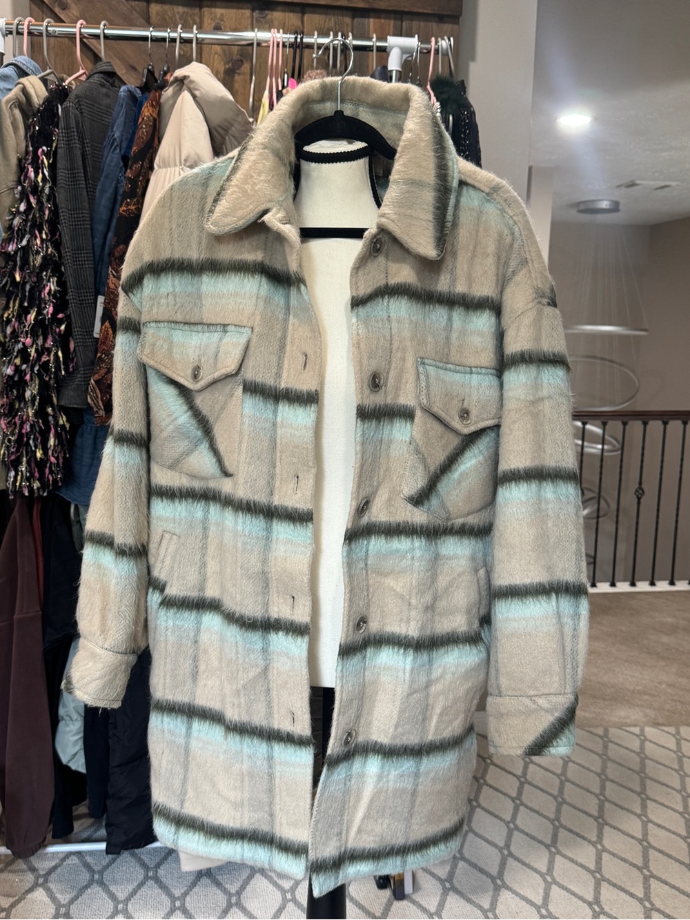 We The Free Beige Plaid Teddy Jacket with Green Stripes